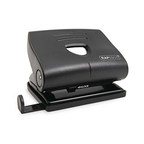 Rapesco PF8700B1 Germ-Savvy Antibacterial 2-Hole Punch, 22 Sheet Capacity, Black, showing a compact, black office puncher with a handle for punching holes in paper.