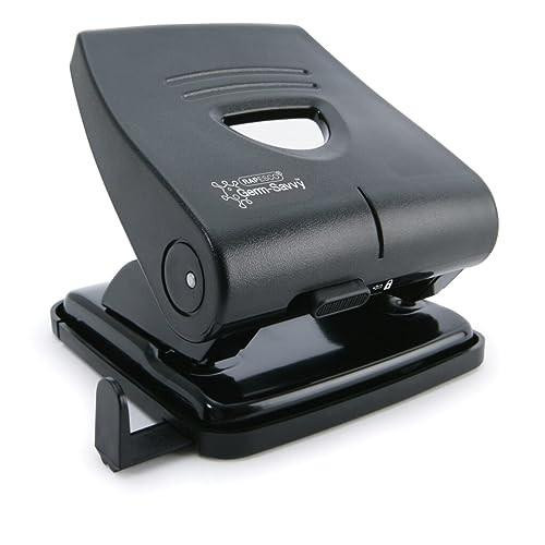 Rapesco PF827PB2 Germ-Savvy Antibacterial, 827-P 2-Hole Punch, 30 Sheet Capacity, Black, image of a black desktop hole puncher with ergonomic design and antibacterial features.