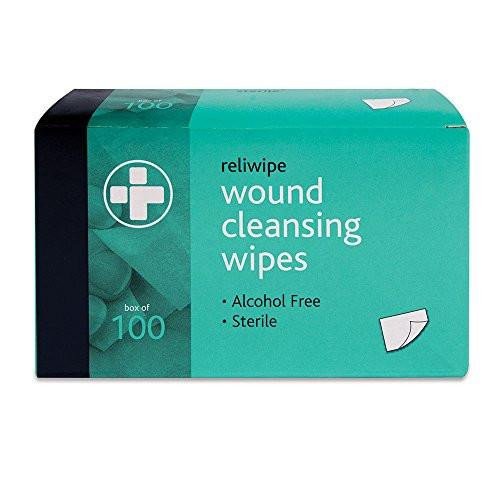 RELIANCE MEDICAL Reliwipe Moist Saline Wound Cleansing Wipes, box of 100 individually wrapped sterile and alcohol-free wound cleaning towels with extra strong and soft fabric.
