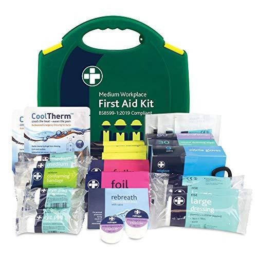 Reliance Medical | BS8599-1 Medium Workplace First Aid Kit for Ref 343 - 77319RM, with various first aid supplies in a green and yellow plastic carrying case.