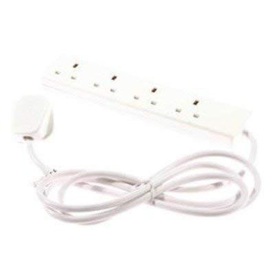 CED 4-Way Extension Lead 13amp 2m Neon White, white power strip with four outlets and attached power cord.