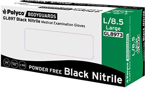 Polyco GL897 Powder Free Hand Protection Black Nitrile Disposable Gloves, Size - M, in packaging with green and white labeling for size L/8.5 Large.