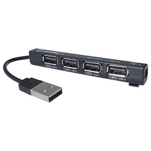 Connekt Gear 4 Port Hi-Speed USB 2.0 Hub 25-0054, black USB hub with four ports and a connected USB cable for expanded device connectivity.