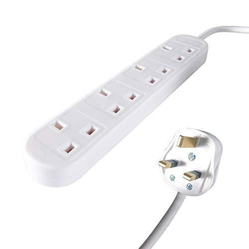 Connektgear 2m Male Mains Power PDU 4 Gang UK Socket Extension Block, white electrical power strip with four UK power outlets and a 2-meter power cord.