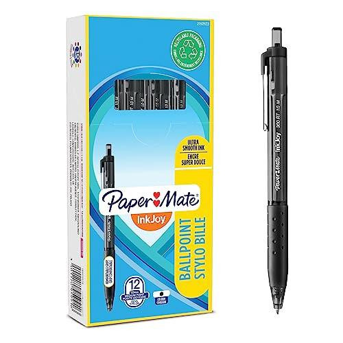 Paper Mate InkJoy 300RT Retractable Ballpoint Pens, black ink, medium point (1.0 mm), 12-pack, with a classic black design, displayed next to the product packaging.