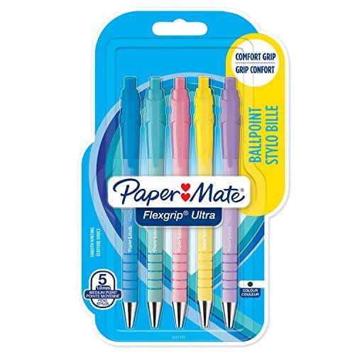 Paper Mate Flexgrip Ultra Pastel Ballpoint Pens, 5-pack of medium point (1.0mm) pens with black ink and pastel colored barrels in blue, pink, yellow, teal, and purple, designed for smooth and comfortable writing.