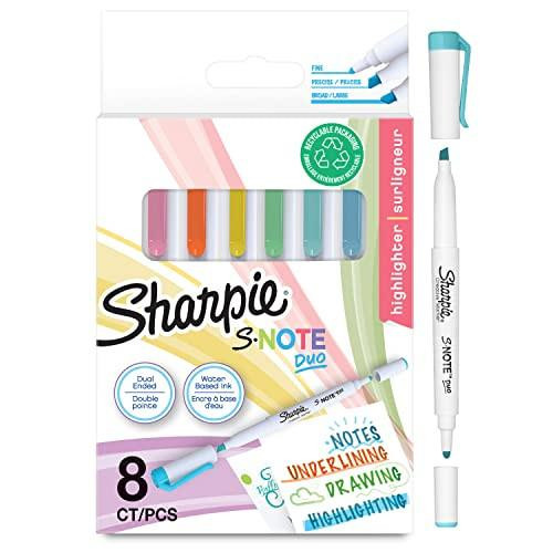 Sharpie S-Note Duo Highlighters, 8-pack of pastel dual-ended markers with bullet and chisel tips for highlighting, drawing, journaling, and creative projects.
