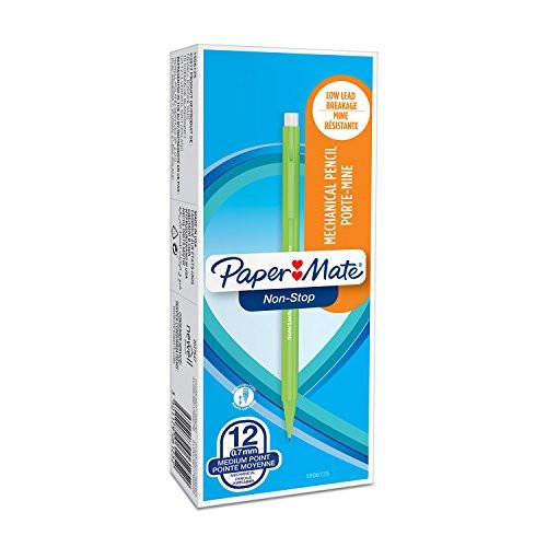 Paper Mate Non-Stop Mechanical Pencil, 0.7mm HB #2, assorted neon barrel colors, 12 pack.