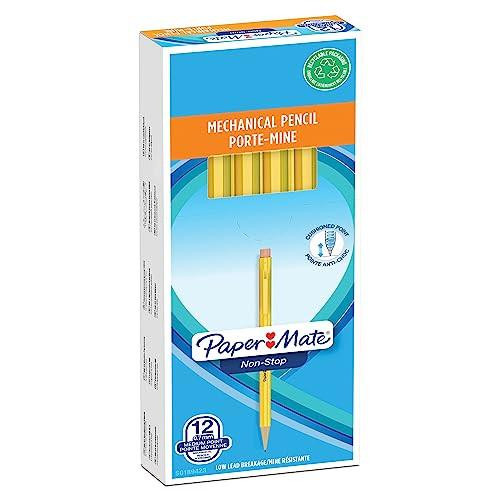 Paper Mate Non-Stop Mechanical Pencil 0.7mm HB #2 with Yellow Barrel, 12-Count, in packaging showing the product name and features.