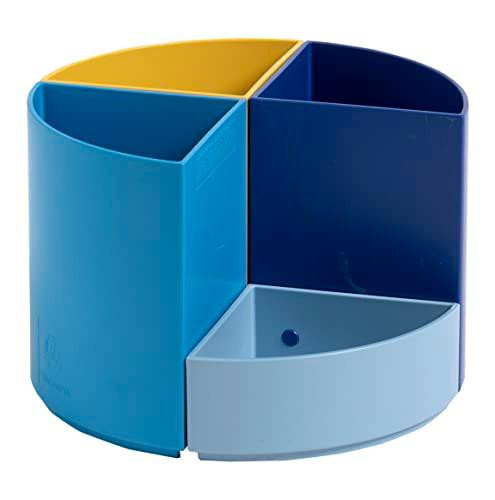 Exacompta - Ref. 68202D - 1 modular pencil holder THE QUARTER Bee Blue, a 4-quadrant desk organizer with navy blue, saffron, light blue, and turquoise compartments, measuring 12 x 12 x 8.3 cm, suitable for storing pens and pencils.