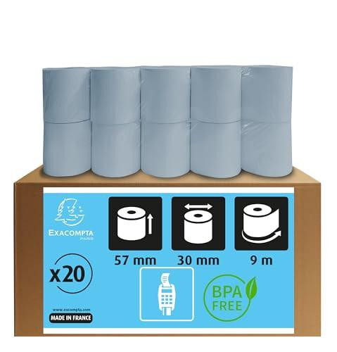 Exacompta Ref 43942E Safe Contact Credit Card Machine Rolls, pack of 20, 57mm wide, 30mm diameter, 9m length, phenol free, FSC-certified paper, shown as white rolls stacked on box with product details.