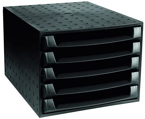 Exacompta - Ref 221014D - ECOBlack - The Box - 387 x 284 x 218mm in Size, 5 Open Drawers, 38mm Drawer Height, Suitable for Storing A4+ Documents - Black, black plastic storage box with five open drawers for organizing office supplies or documents.