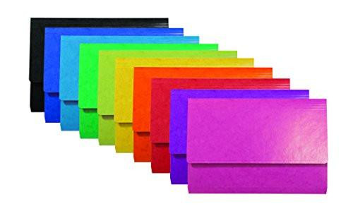 Exacompta Iderama Document Wallets, 265 gsm, Foolscap - Assorted Colours, Pack of 25, colorful assortment of document wallets in various vibrant shades including black, blue, green, yellow, orange, red, purple, and pink.