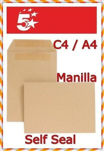 5 Star Envelopes Mediumweight Pocket Press Seal 90gsm Manilla C4 [Pack of 250], image of two manilla envelopes with self-seal feature and C4/A4 size in a promotional display.