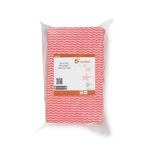5 Star Cleaning Cloths Anti-microbial 40gsm W500xL300mm Wavy Line Red Pack 50, soft pink cleaning cloth with a wavy line pattern, packaged in a clear plastic bag for household and commercial cleaning.