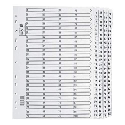 5 Star Index 230 micron Card with Clear Mylar Tabs 1-100 A4 White, image of index cards with numbered tabs from 1 to 100, including clear Mylar tabs for easy organization.