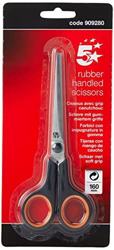 5 Star Scissors with Rubber Handles 160mm, packaged in a clear plastic case showing black blades with orange rubber grips.