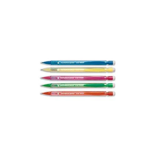 5 Star Disposable Mechanical Pencil Retractable with 3 x 0.7mm Lead Assorted Barrels [Pack 10], color variety of retractable mechanical pencils in blue, yellow, pink, green, and orange.