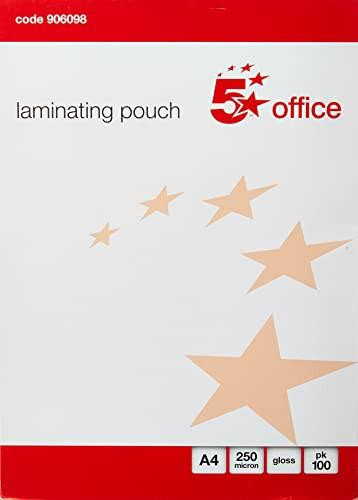 5 Star Laminating Pouches 250 Micron (2x125) for A4 Glossy [Pack of 100], image of packaging with product details and star graphics.