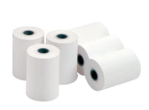 No-Name 58057-20009 57 x 50 x 12.7 mm Thermal Printer Roll, image of six white thermal paper rolls with black centers stacked and aligned.