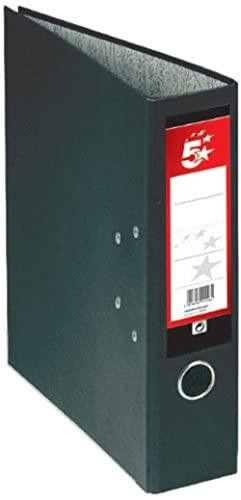 5 Star Lever Arch File 70mm Spine A4 Black, front view of a black lever arch file with red and white label on the spine and circular ring on the front for opening.