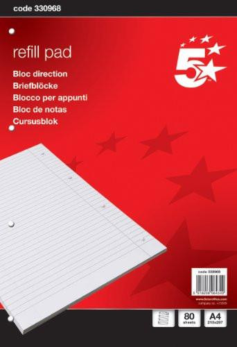 5 Star Office Refill Pad Feint Headbound Ruled with Margin 4-Hole Punched 80 Sheets A4 [Pack 10], White, featuring ruled pages with margin and 4-hole punching for easy insertion into binders.