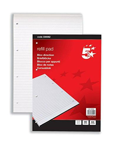 5 Star Office Refill Pad Headbound Feint Ruled 4-Hole Punched 80 Sheets A4 [Pack 10], White, showing a pack of refill pads with feint ruled paper and holes punched on the side for binding.