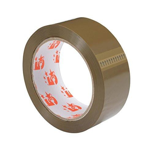 5 Star Office Packaging Tape Polypropylene 38mm x 66m Buff, close-up of a roll of buff-colored packaging tape with a plastic core, designed for sealing packages.