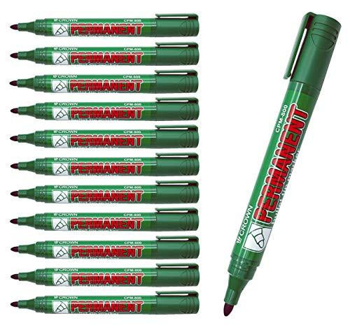 CROWN Permanent Markers Bullet Tip Markers - Pack Of 12 - Permanent Ink - Green - 2mm Line, image showing ten green permanent markers and one marker with its cap off displaying the bullet tip.