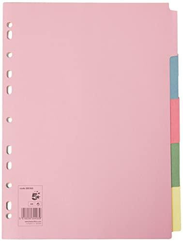 5 Star Office Subject Dividers Multipunched Manilla A4 Card - Pack of 5, Assorted, pink file folder with colorful tabs on the right side