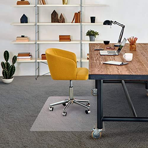 Floortex Chair Mat for Low Pile Carpets PVC Clear, 75cm x 120cm, 120cm x 75cm, placed under a yellow office chair on a gray carpet in a modern office setting.