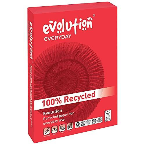 Evolution A3 80gsm Everyday Paper Ream - White, red packaging box with image of paper roll and recycled sign.