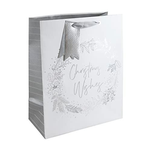 Eurowrap Christmas Wishes Silver Wreath Gift Bag with Gift Tag, 100% Recyclable, Large Size, front view of the white and silver Christmas-themed gift bag with decorative wreath and gift tag