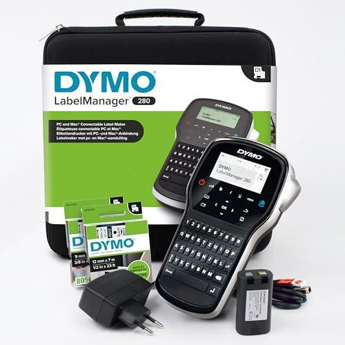 Dymo LabelManager 280 Rechargeable Handheld Label Maker Kit, QWERTY Keyboard with 2 Rolls of D1 Labels and Carrying Case, showing the portable label maker device, power adapter, rechargeable battery, and label rolls.