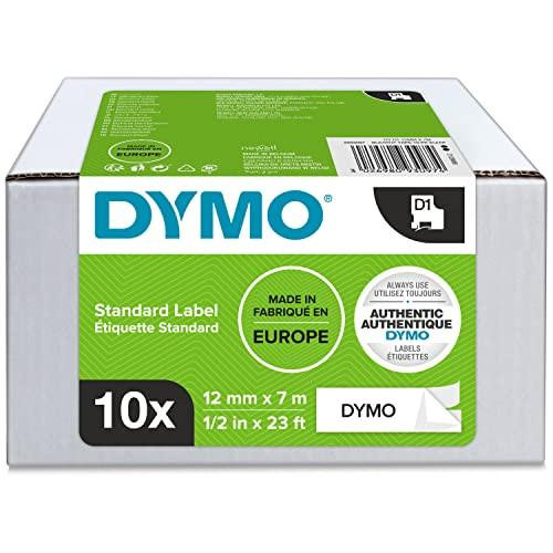 DYMO Authentic D1 Labels, black print on white self-adhesive labels, 12mm x 7m, 10-pack for LabelManager printers, featuring packaging with green and white design and barcode.
