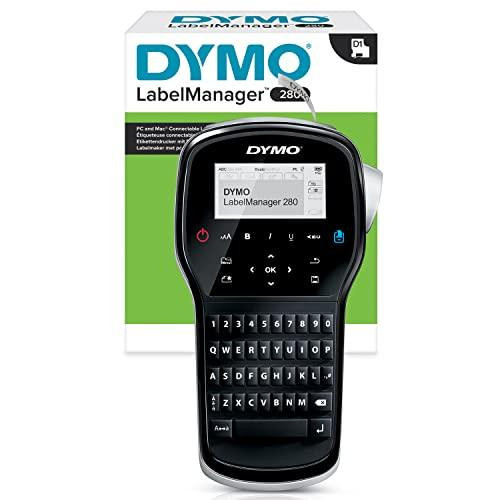 Dymo LabelManager 280 Label Maker, rechargeable handheld label printer with QWERTY keyboard and black & white D1 label tape included.