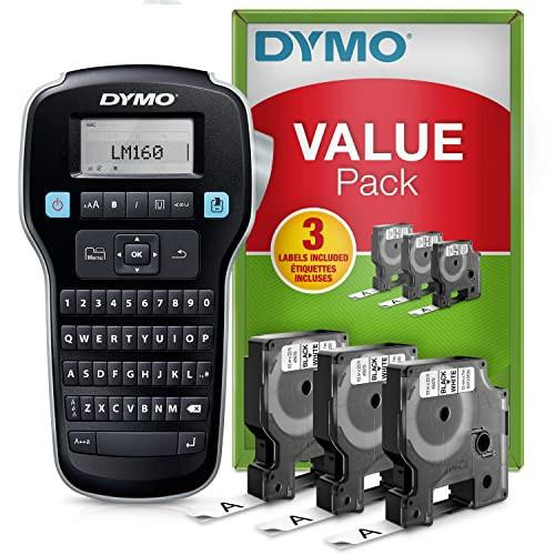 Dymo LabelManager 160 Label Maker Starter Kit with 3 Rolls of D1 Label Tape, handheld label printer with QWERTY keyboard and display, ideal for office or home use.
