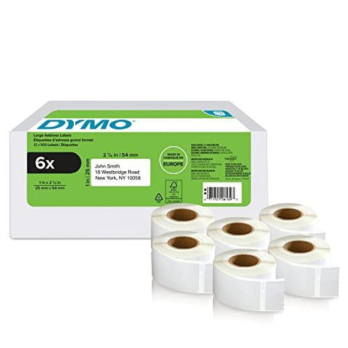 DYMO Authentic LabelWriter Return Address Labels, six rolls of self-adhesive labels measuring 25 mm x 54 mm, designed for LabelWriter label makers, including easy-peel feature, totaling 3,000 labels, made in Europe.