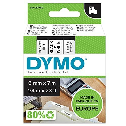 DYMO Authentic D1 Labels, black print on white tape for label maker, 6 mm x 7 m self-adhesive labels, made in Europe.