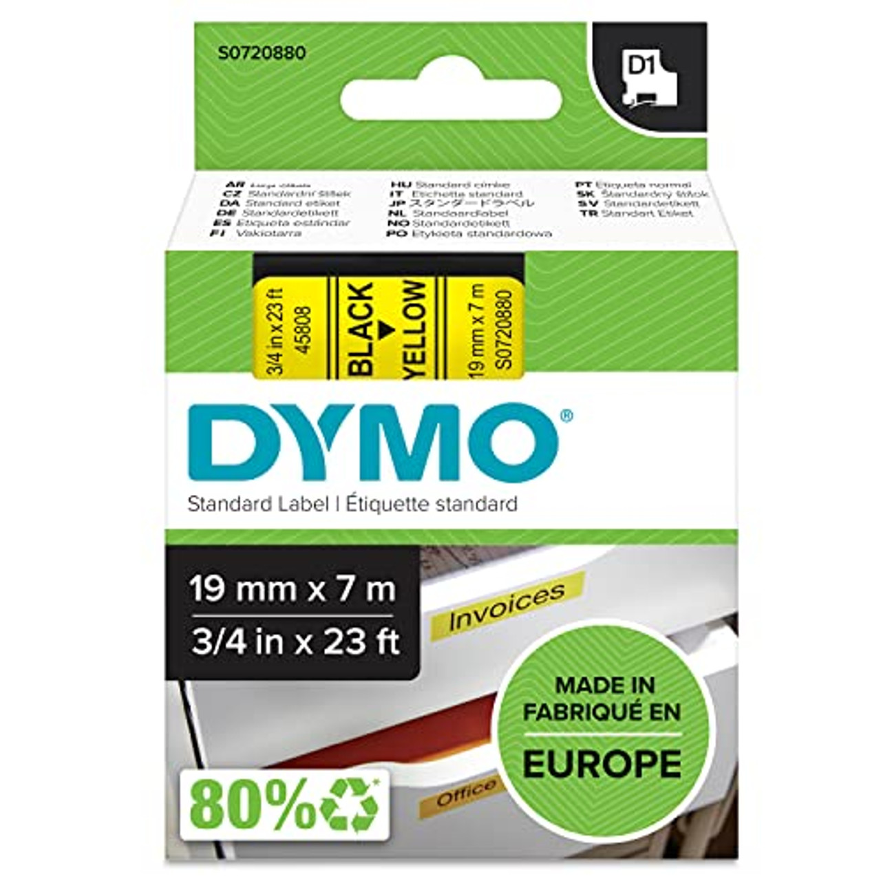 DYMO Authentic D1 Labels | Black Print on Yellow Tape | 19 mm x 7 m | Self-Adhesive Labels for LabelManager Label Makers | Made in Europe