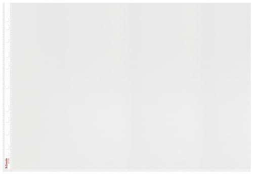 Esselte Quality Plastic Punched Pocket A3 Landscape, Clear Matte Finish, Top Open, 85 Micron Polypropylene, Pack of 10, 47182, showing a set of transparent A3 landscape punched plastic pockets with a matte finish designed for document protection and organization.