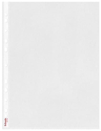 Esselte Strong Poly Pockets A4, Clear Matt Finish, 65 Micron Plastic Pouches, Plastic Wallets Punched, Box of 100 Plastic Pouches, 23752, with punched holes on the left side for filing.