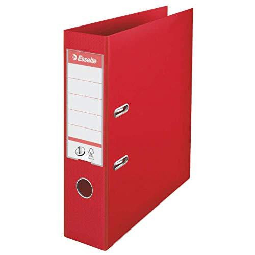 Esselte No.1 Plastic Lever Arch File A4 75mm Red Pack of 10, close-up of a red plastic lever arch file with metal fasteners and label holder.