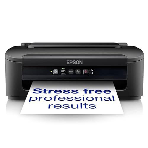 Epson WorkForce WF-2110W, compact all-in-one inkjet printer printing a document with the text 'Stress free professional results' for versatile printing, scanning, copying, and wireless connectivity.