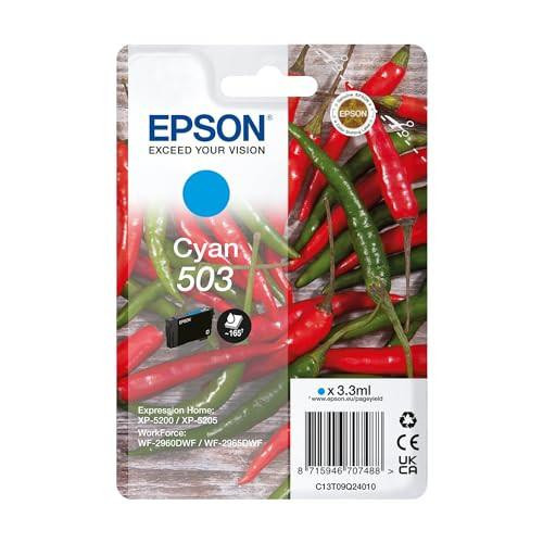 Epson 503 Chillies, Genuine Cyan Ink Cartridge, with red and green chili peppers on the packaging background.