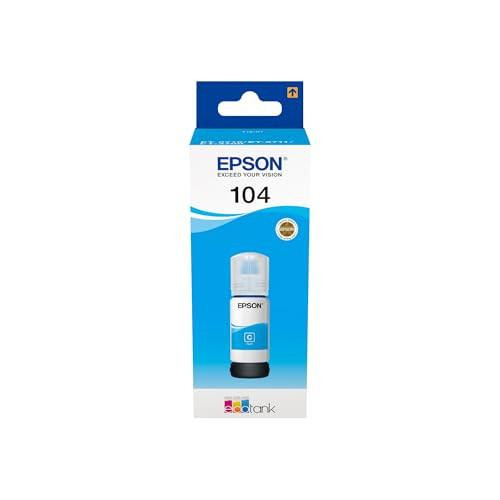 Epson EcoTank 104 Cyan Genuine Ink Bottle, product packaging with blue and white design and ink bottle visible inside.