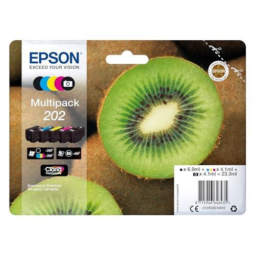 Epson 202 Kiwi Genuine Multipack, 5-colours Ink Cartridges, Claria Premium Ink, Black, Yellow, Magenta, Cyan, Standard Capacity, image of kiwi fruit and ink cartridges packaging.
