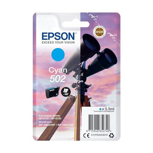 Epson 502 Cyan Binoculars Genuine Ink Cartridge, package featuring a telescope with a sunset sky background.