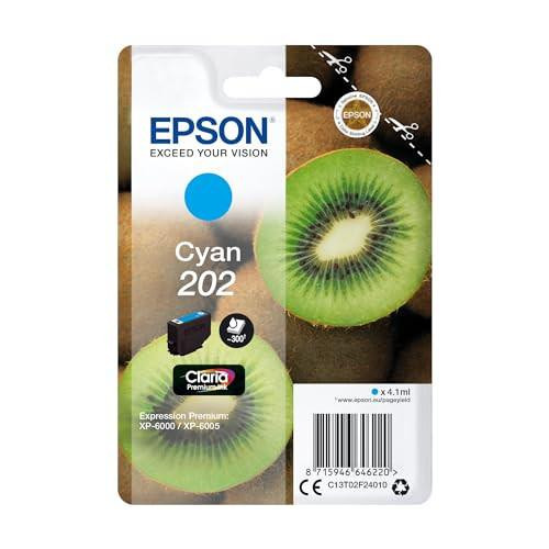 Epson 202 Cyan Kiwi Genuine, Claria Premium Ink Cartridge, Standard Capacity, image of the cartridge package featuring a sliced kiwi fruit and product details.