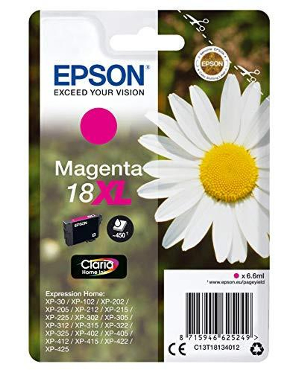 Epson 18XL Magenta Daisy High Yield Genuine Claria Home Ink Cartridge, packaging with a daisy flower and barcode.